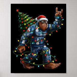 Bigfoot Sasquatch Weihnachtsbaum Santa Hut Lichter Poster
