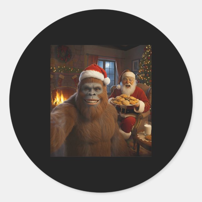 Bigfoot Selfie With Santa Claus Funny Christmas Me Runder Aufkleber (Vorderseite)