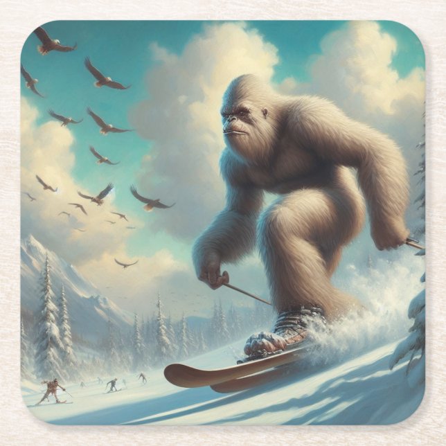 Bigfoot Skiing Rechteckiger Pappuntersetzer (Vorderseite)
