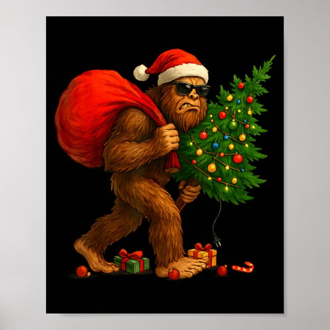Bigfoot Stealing Christmas Tree Lights Xmas Boys M Poster (Vorne)