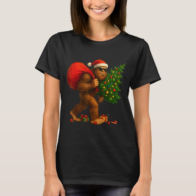 Bigfoot Stealing Christmas Tree Lights Xmas Boys M T-Shirt (Vorderseite)