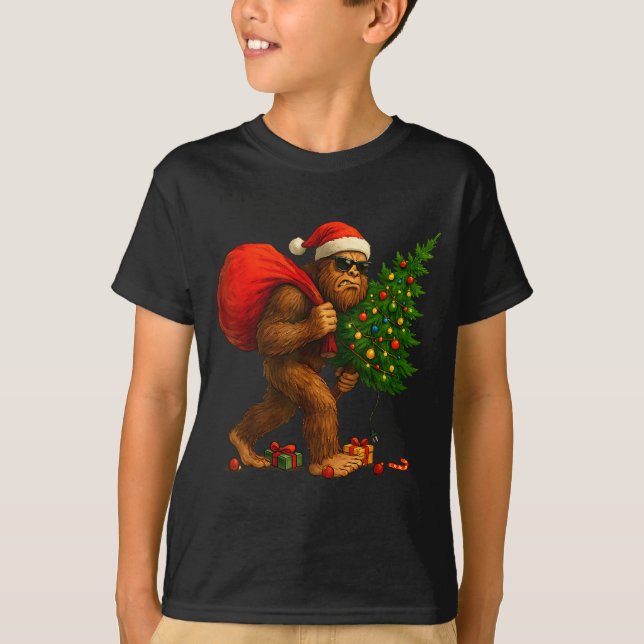 Bigfoot Stealing Christmas Tree Lights Xmas Boys M T-Shirt (Vorderseite)