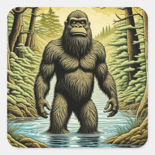 Bigfoot stehend im Wasser Cartoon Quadratischer Aufkleber