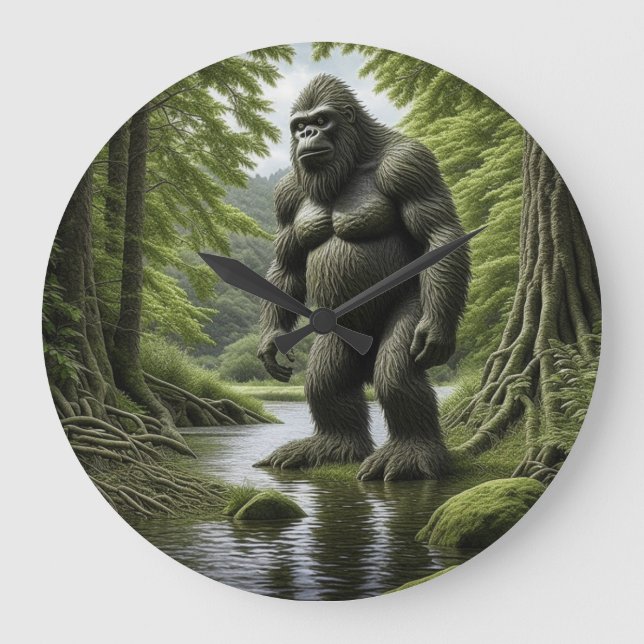 Bigfoot stehend in einem Creek-Cartoon Große Wanduhr (Vorderseite)