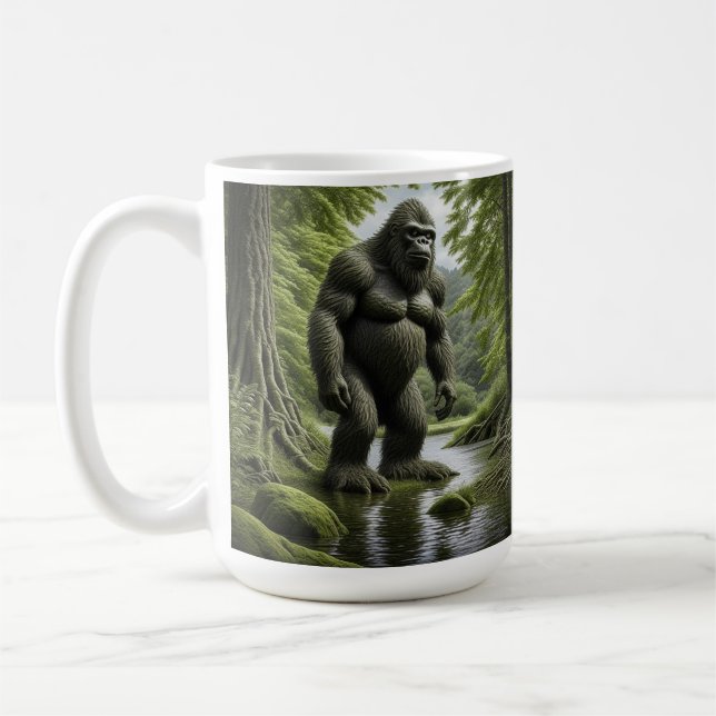 Bigfoot stehend in einem Creek-Cartoon Kaffeetasse (Links)