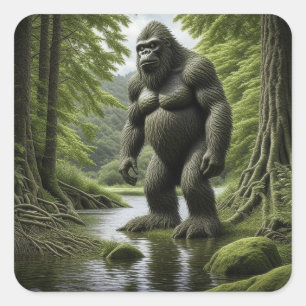 Bigfoot stehend in einem Creek-Cartoon Quadratischer Aufkleber