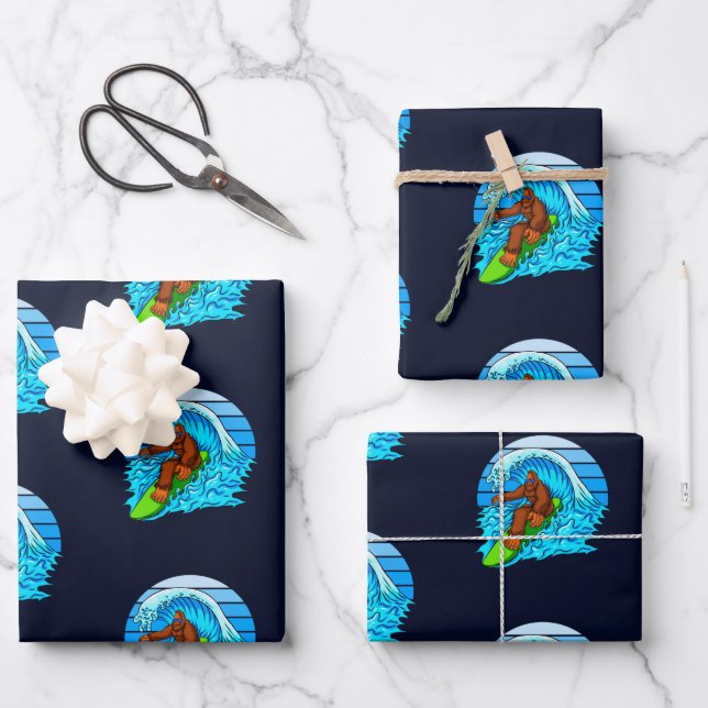 Bigfoot Surfen Reiten Die Wellen Spaß Sasquatch Geschenkpapier Set (Vorderseite)