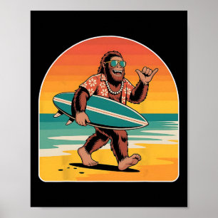 Bigfoot surft mit Sonnenbrille und hawaiianischer Poster