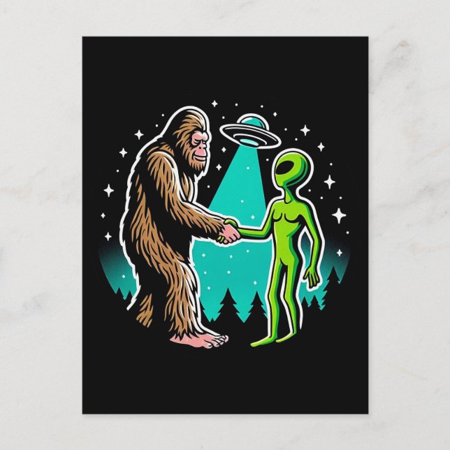 Bigfoot trifft Alien Postkarte (Vorderseite)