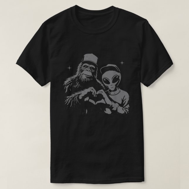 Bigfoot und Alien Sasquatch Liebe Handzeichen T-Shirt (Design vorne)