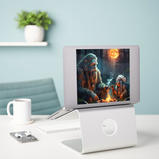 Bigfoot und die Ansammlung des Moonlit-Waldes Aufkleber (Laptop auf Schreibtisch)
