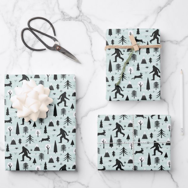 Bigfoot und Jackalope im Holzmuster Blau Geschenkpapier Set (Vorderseite)