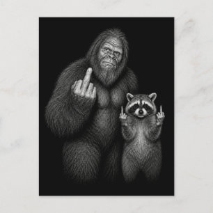Bigfoot und Waschbär Mittelfinger Feiertagspostkarte