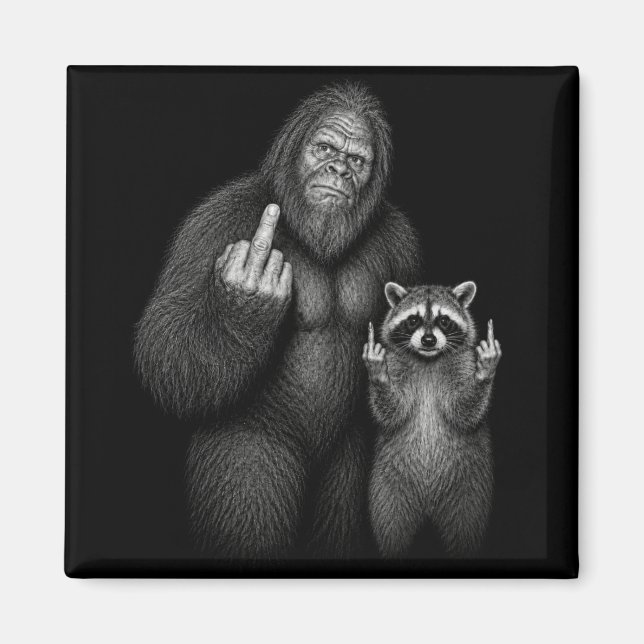 Bigfoot und Waschbär Stinkefinger  Magnet (Vorne)