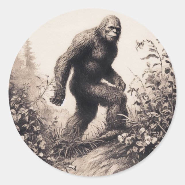 Bigfoot Vintag Illustration Folklore Runder Aufkleber (Vorderseite)