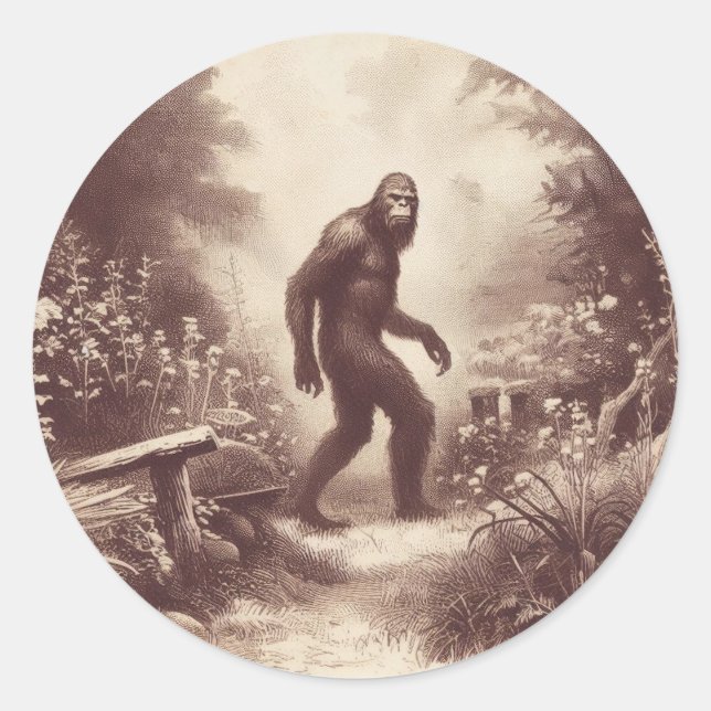 Bigfoot Vintag Illustration Folklore Runder Aufkleber (Vorderseite)