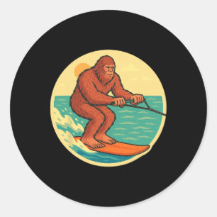 Bigfoot Wasserski Vintage Cryptid Beach Grafik Runder Aufkleber