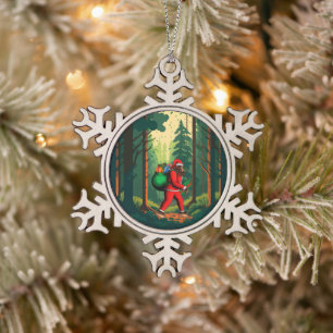 Bigfoot Weihnachtsmann Geschenksack Schneeflocken Zinn-Ornament