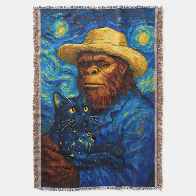 Bigfoot with Cat in Van Gogh Style Starry Night  Decke (Vorderseite Vertikal)
