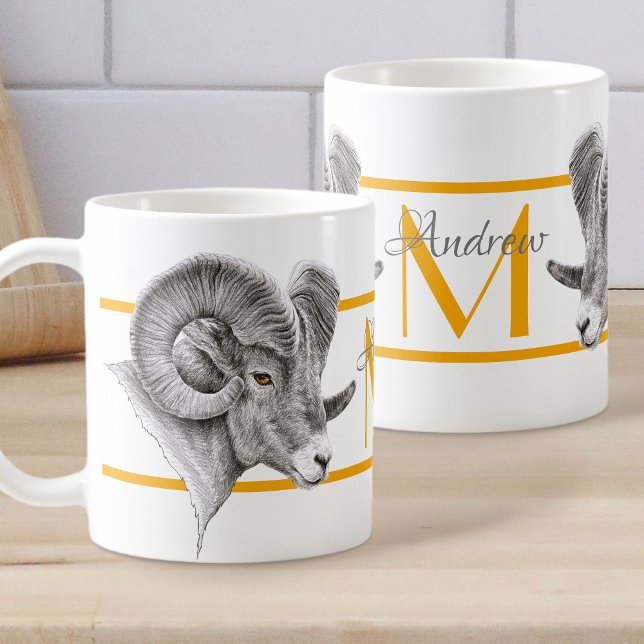Bighorn Ram Animal Art Aries Zodiac-Zeichen Monogr Kaffeetasse (Von Creator hochgeladen)
