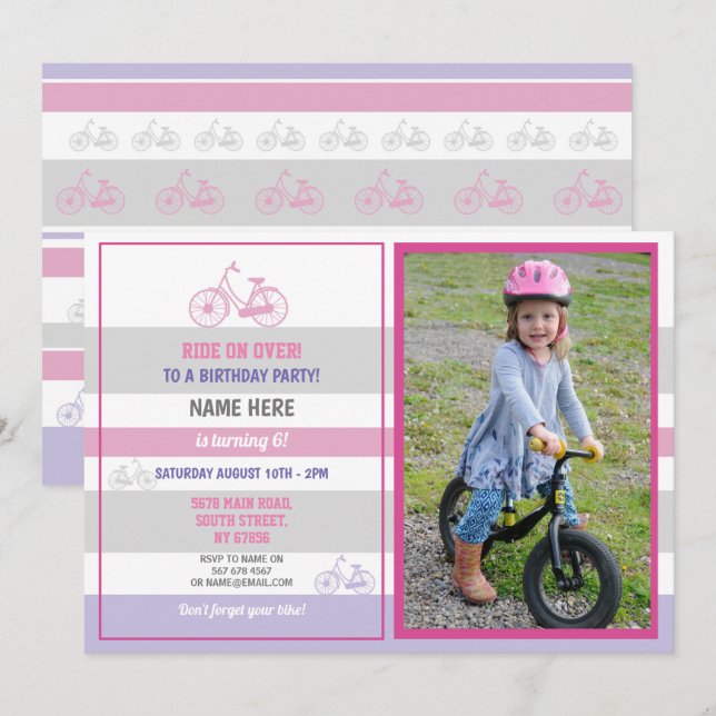 Bike Birthday Bicycle Ride Party Pink Girls Photo Einladung (Vorne/Hinten)
