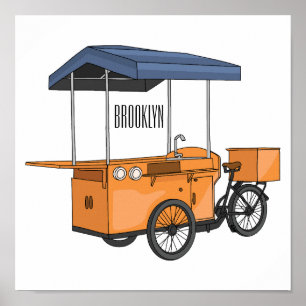 Bike food cart cartoon illustration poster