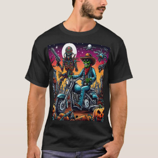 Biker and Alien in Haunted Cemetery T-Shirt