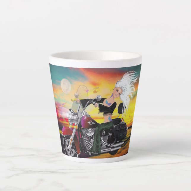 Biker Babe Fantasy Motorrad Latte Cup Milchtasse (Vorderseite)