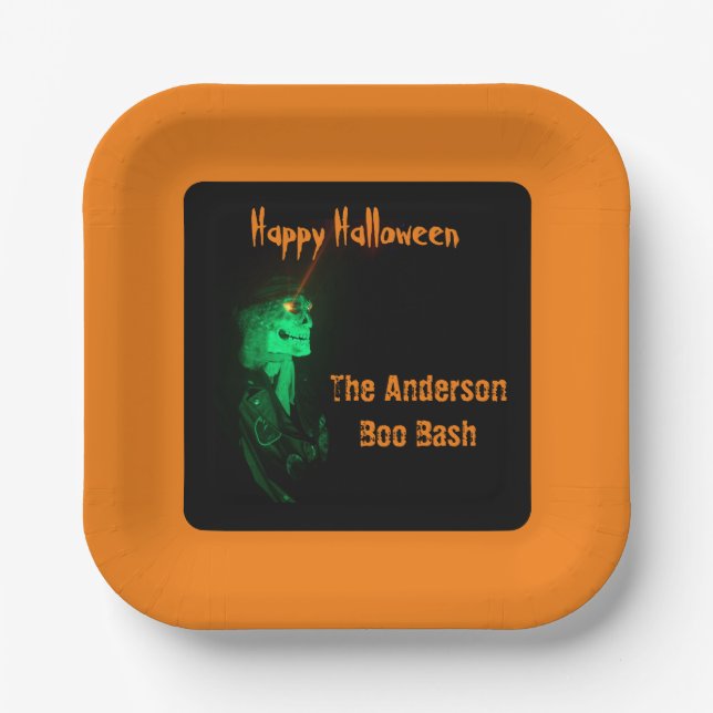 Biker Billy Halloween Skeleton Pumpkin Orange Pappteller (Vorderseite)