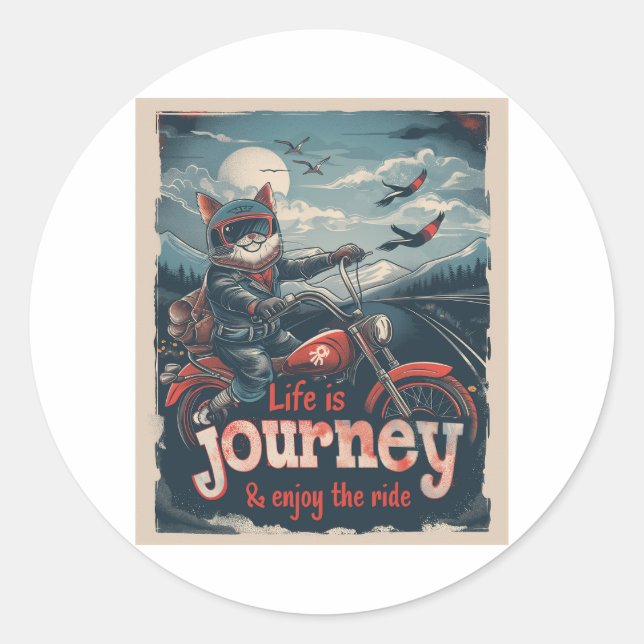 Biker Cat Adventure Runder Aufkleber (Vorderseite)