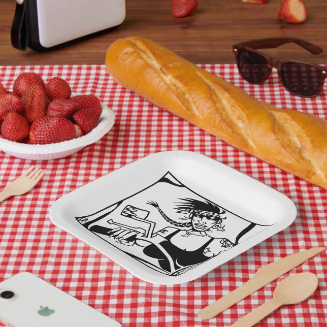 Biker Chick Schwarzes Quadrat Teller (Picknick)