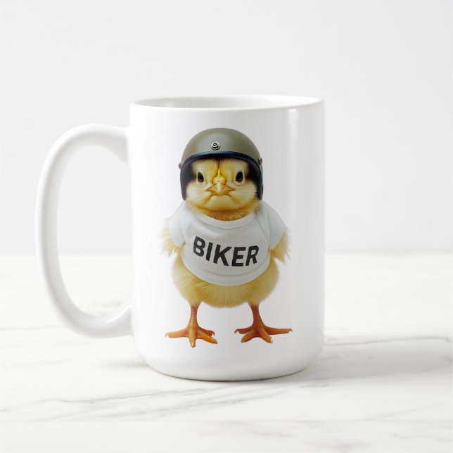 Biker-Chips vereint lustige Motorradfahrerin ma Kaffeetasse (Links)