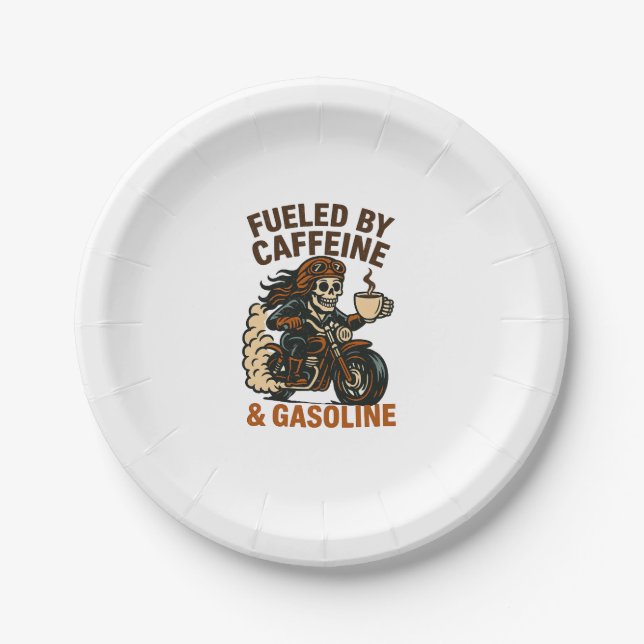 Biker lady Skeleton T-Shirt Fueled by Caffeine and Pappteller (Vorderseite)