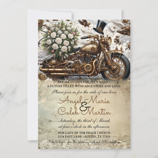 Biker Motorcycle Wedding Gold White Einladung (Vorderseite)