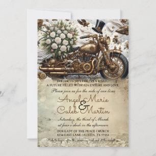 Biker Motorrad-Hochzeit Gold Weiß Einladung