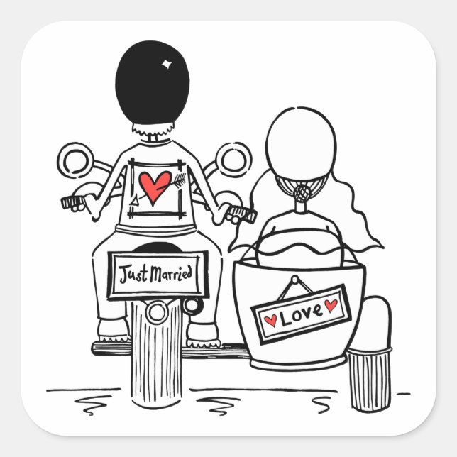 Biker-Motorrad & Sidecar Hochzeitskleber Quadratischer Aufkleber (Vorderseite)