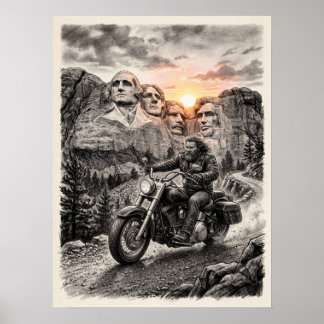 Biker Rides Past Mount Rushmore Presidents Sunset  Poster