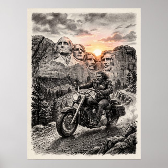 Biker Rides Past Mount Rushmore Presidents Sunset  Poster (Vorne)