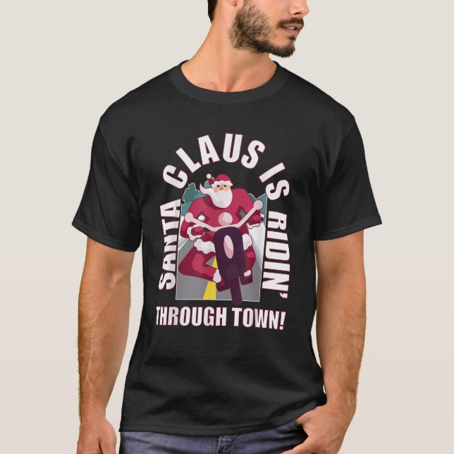 Biker Santa Claus auf dem Motorrad Funny Christ T-Shirt (Vorderseite)