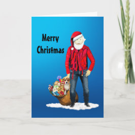 Biker Santa mit Tasche und einem Welpen Feiertagskarte