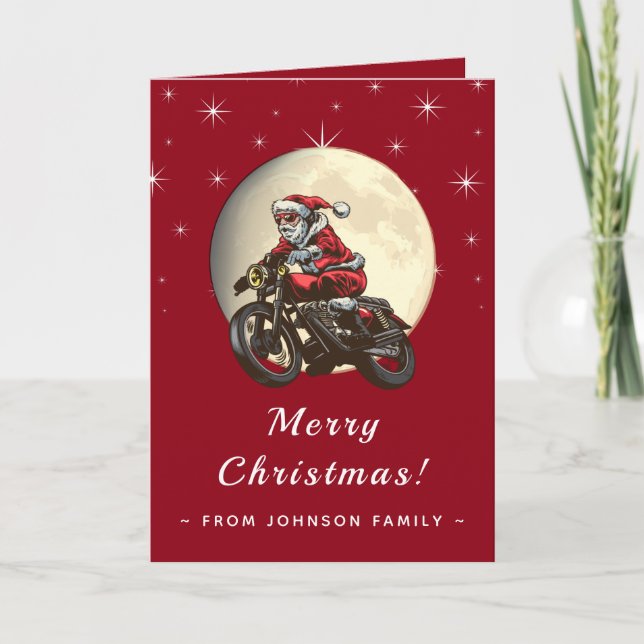 Biker Santa Riding ein Motorrad Moon Sky Dunkelrot Karte (Vorderseite)