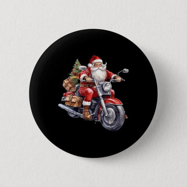 Biker Weihnachtsmann über Motorrad Spaß Weihnachts Button (Vorderseite)