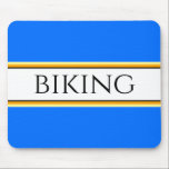 BIKING Fun Bright Blue Yellow White Racing Streife Mousepad<br><div class="desc">Dieses Outdoor-Funusdesign besticht durch einen eleganten, modernen, schwarzen Schriftart in einem weitläufigen Streifen in der Mitte, der mit schwarzen, gelben und orangefarbenen pinstripes auf hellblauem Hintergrund hervorgehoben wurde. Machen Sie es sich selber: Sowohl die mittlere Stripfarbe als auch die Hintergrundfarbe dieses Designs können durch Editieren des Designs angepasst/geändert werden. Der...</div>