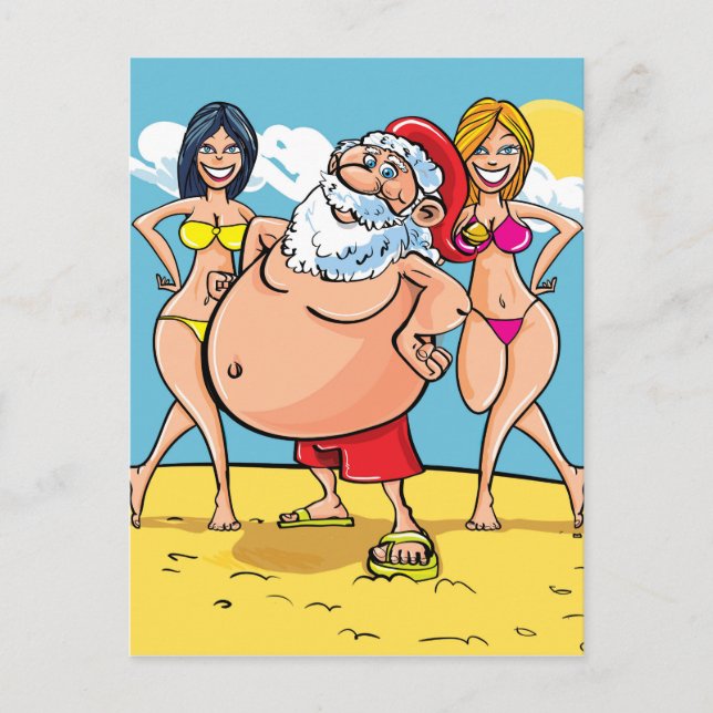 Bikini Beach Santa Claus Feiertagspostkarte (Vorderseite)