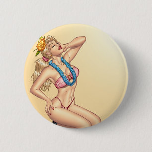Bikini blondes Button-oben Mädchen mit Blumen Button