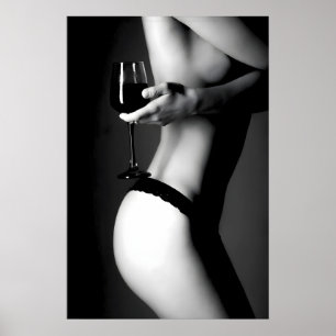 Bikini-Frau-Weinglas-Druck Schwarzweiß Poster