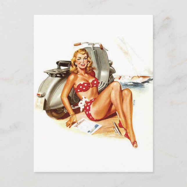 Bikini Girl mit Scooter Vintages Button hoch Postkarte (Vorderseite)