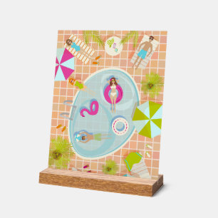 Bikini-Girls und Typ spielen Schwimmbadspiel Acrylschild