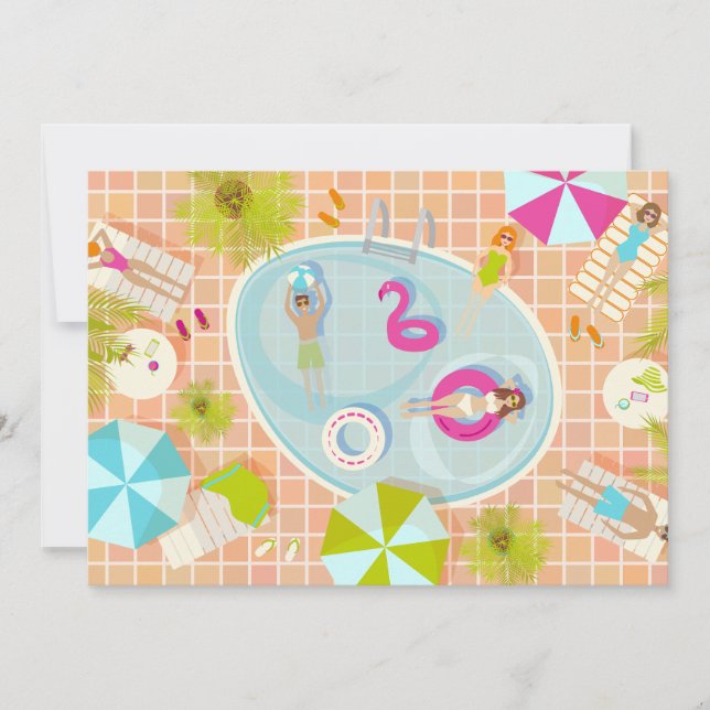 Bikini-Girls und Typ spielen Schwimmbadspiel Einladung (Vorderseite)