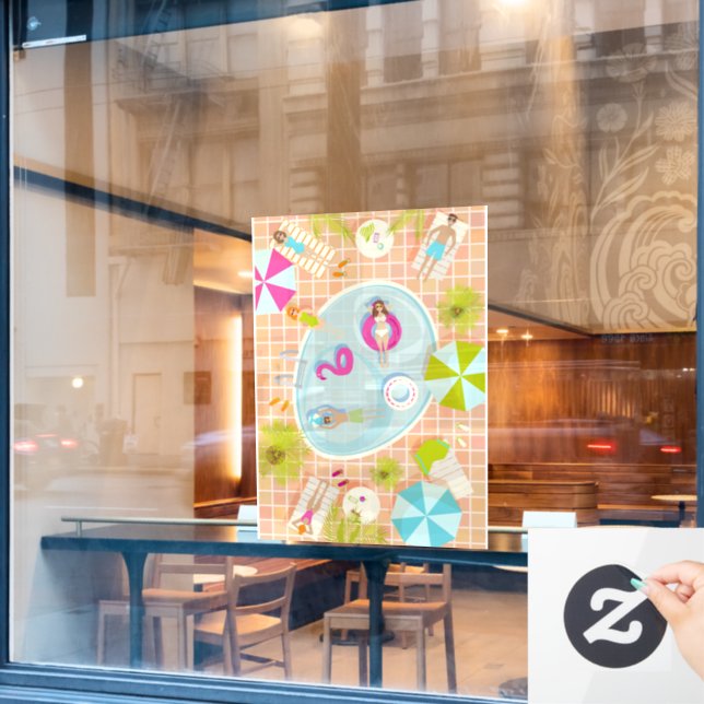 Bikini-Girls und Typ spielen Schwimmbadspiel Fensteraufkleber (Café-Fenster)